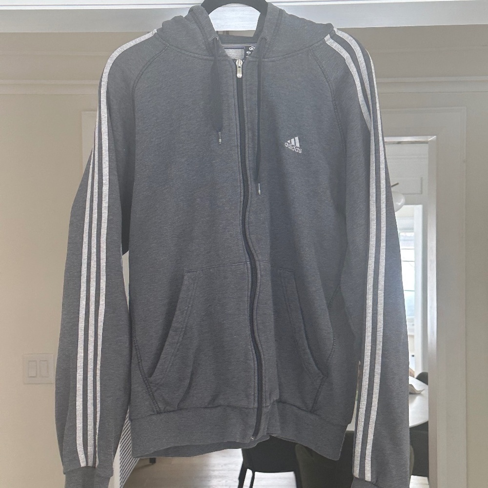 Men's - ADIDAS - Sporty Grey 3-Stripe Zip Hoodie, Everyday Wearable - Size XL